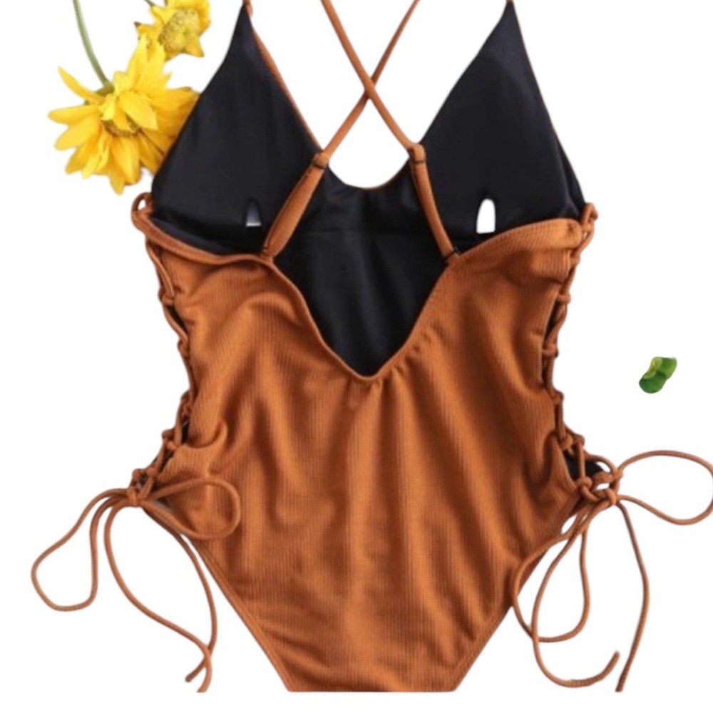 Zaful Rust Brown Ribbed One-Piece Swimsuit - Picture 2 of 4